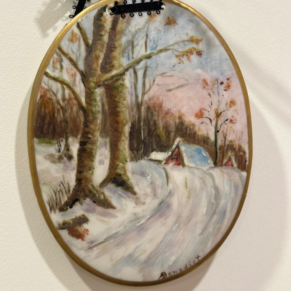 Vintage signed Benedict Porcelain Painted Winter Scene
